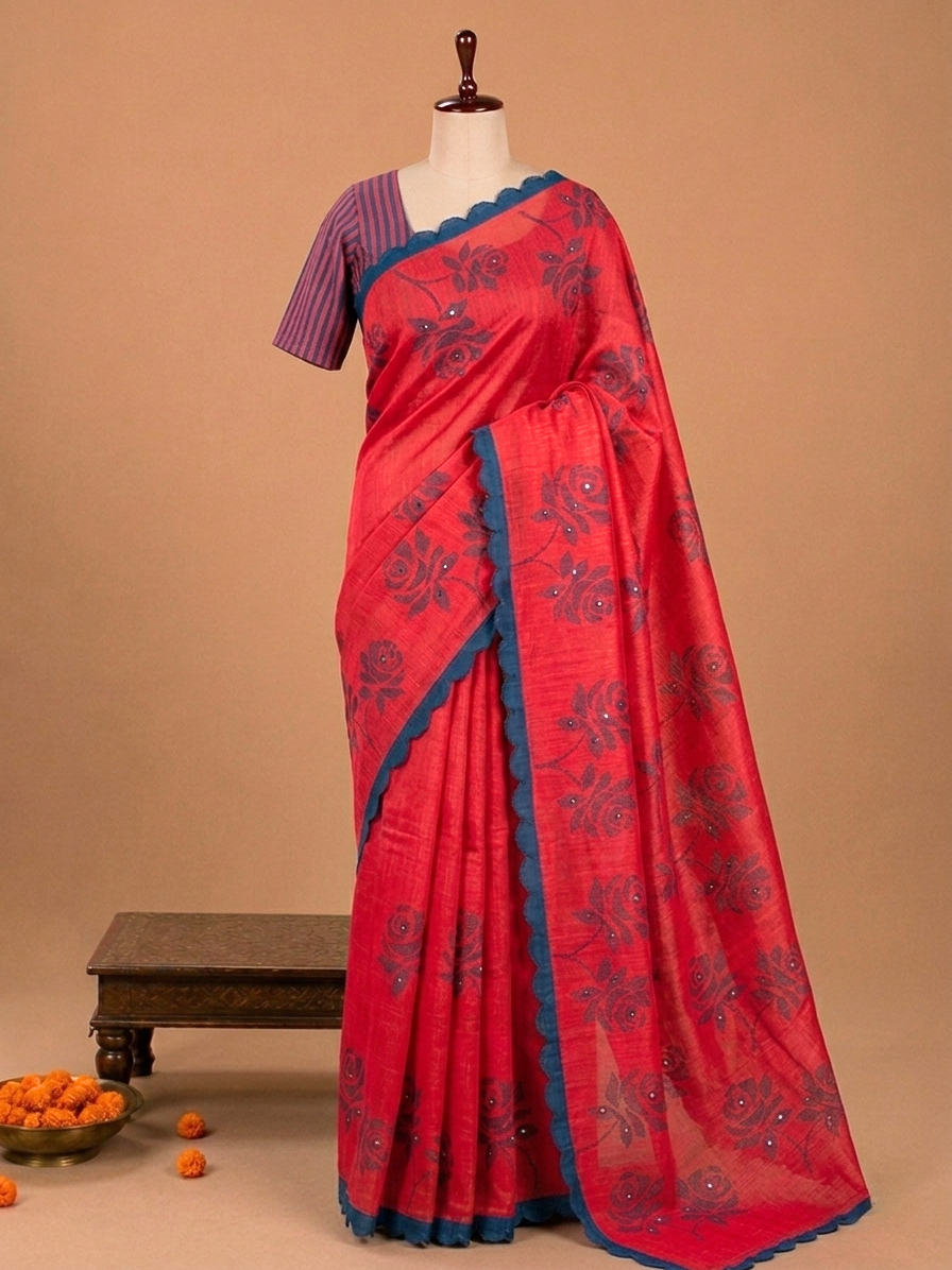 Elite Coral Red Floral Small Mirror Cut Work Linen Cotton Saree
