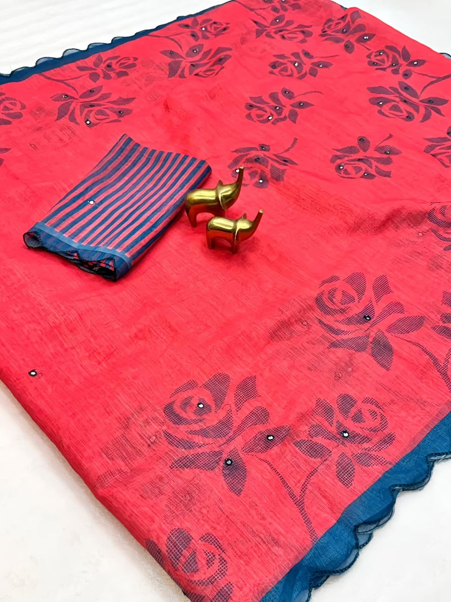 Elite Coral Red Floral Small Mirror Cut Work Linen Cotton Saree