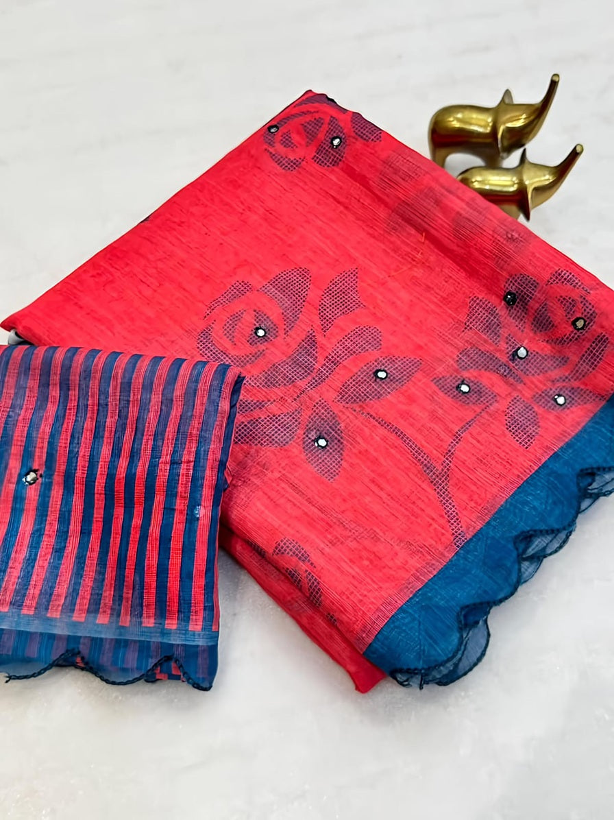 Elite Coral Red Floral Small Mirror Cut Work Linen Cotton Saree