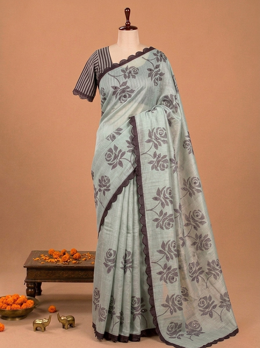 Elite Pastel Mint Gray Floral Small Mirror Cut Work Linen Cotton Saree