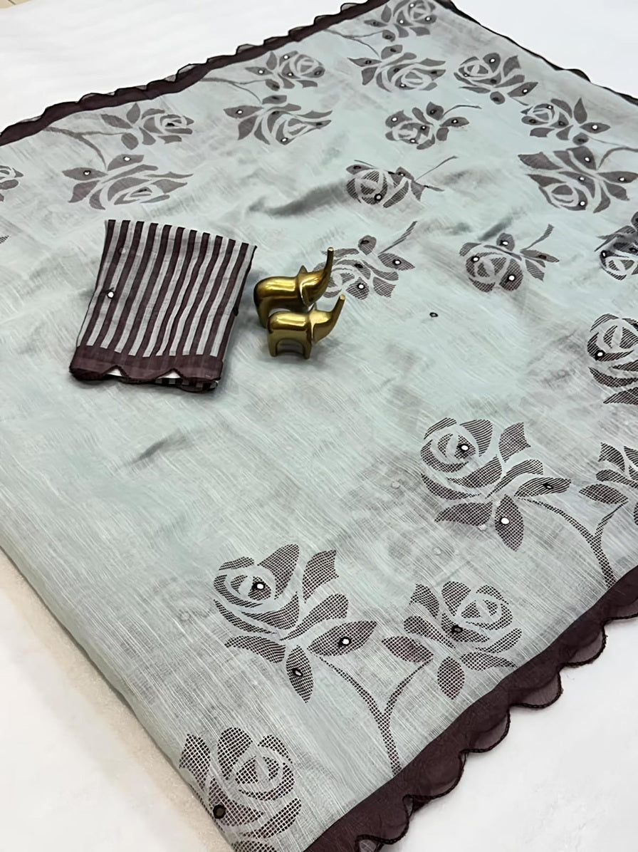 Elite Pastel Mint Gray Floral Small Mirror Cut Work Linen Cotton Saree