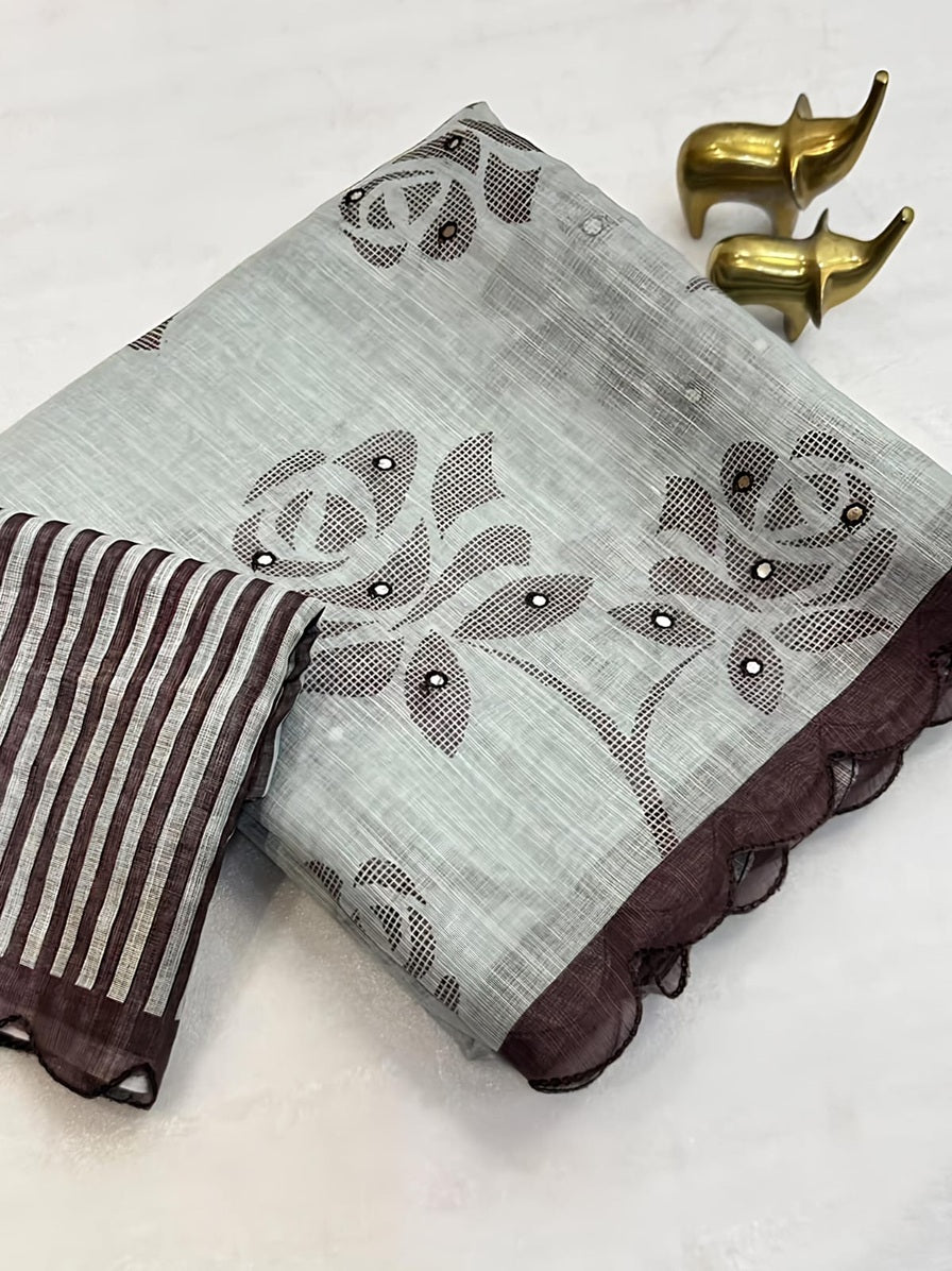 Elite Pastel Mint Gray Floral Small Mirror Cut Work Linen Cotton Saree