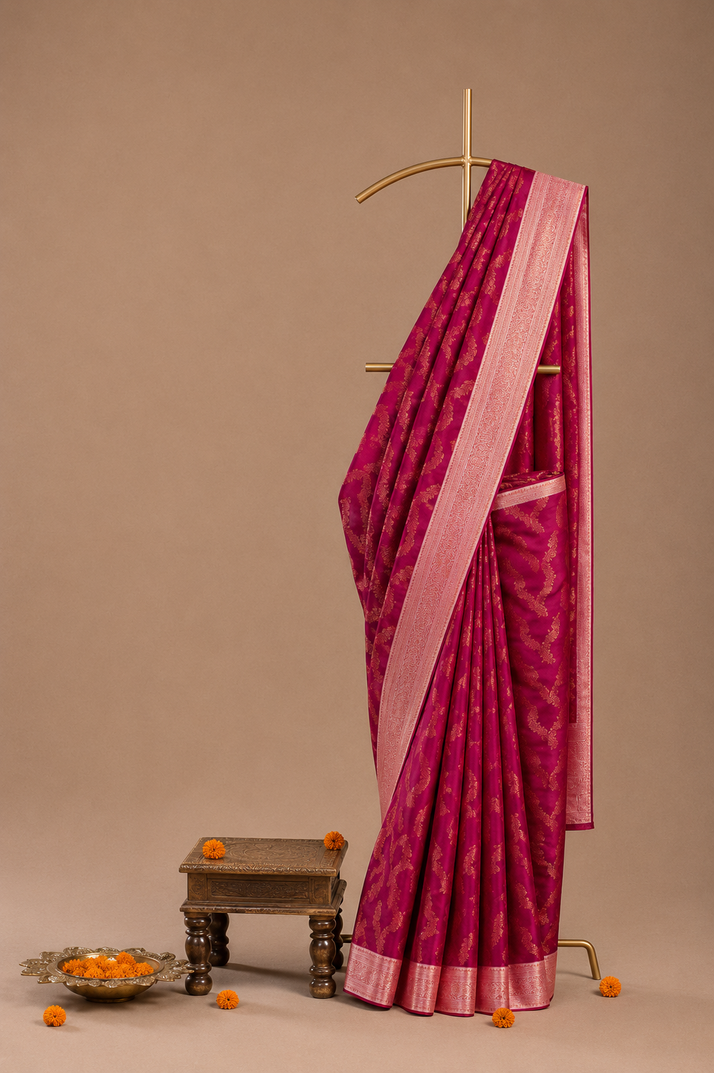 Banarasi Magenta Semi Silk Saree with Contrast Blouse 