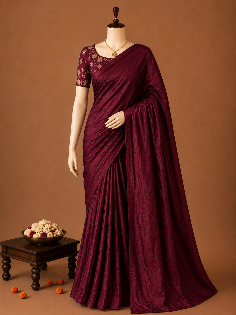 Elegant Deep Burgundy Crush Mango Space Silk Saree