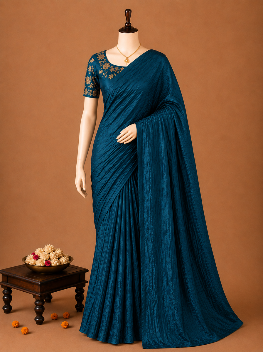 Elegant Deep Peacock Blue Crush Mango Space Silk Saree