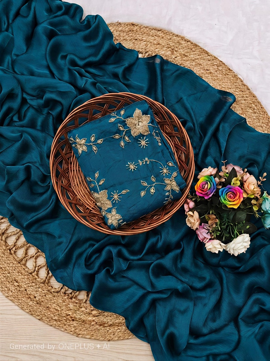 Elegant Deep Peacock Blue Crush Mango Space Silk Saree