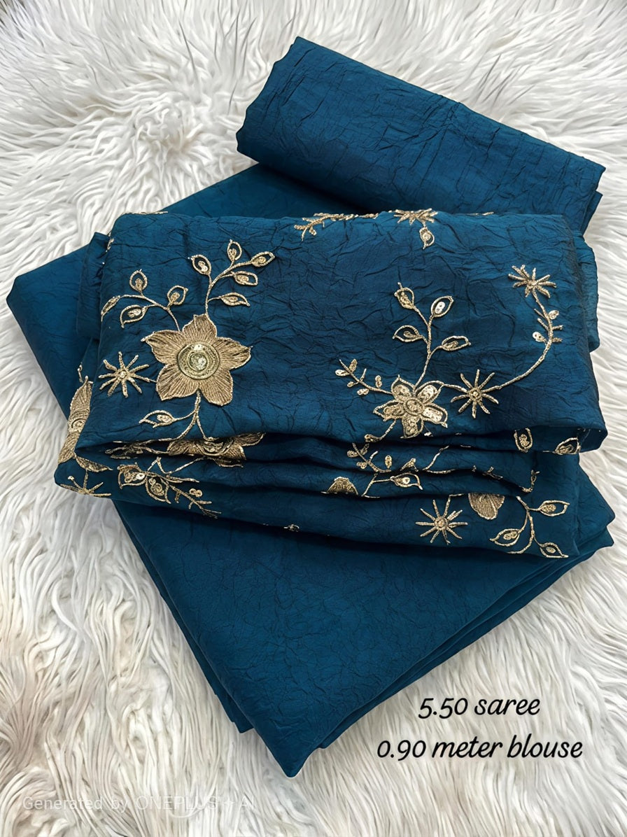 Elegant Deep Peacock Blue Crush Mango Space Silk Saree