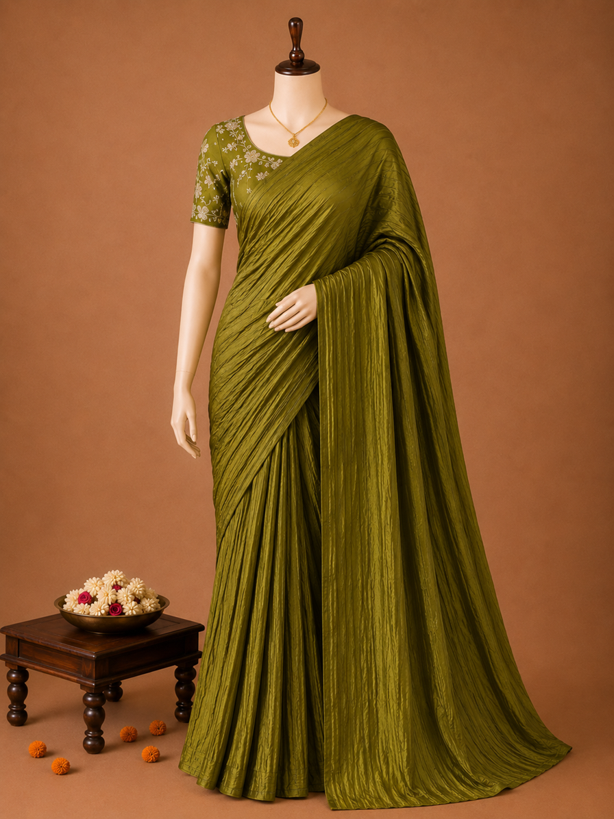 Elegant Olive Green Crush Mango Space Silk Saree