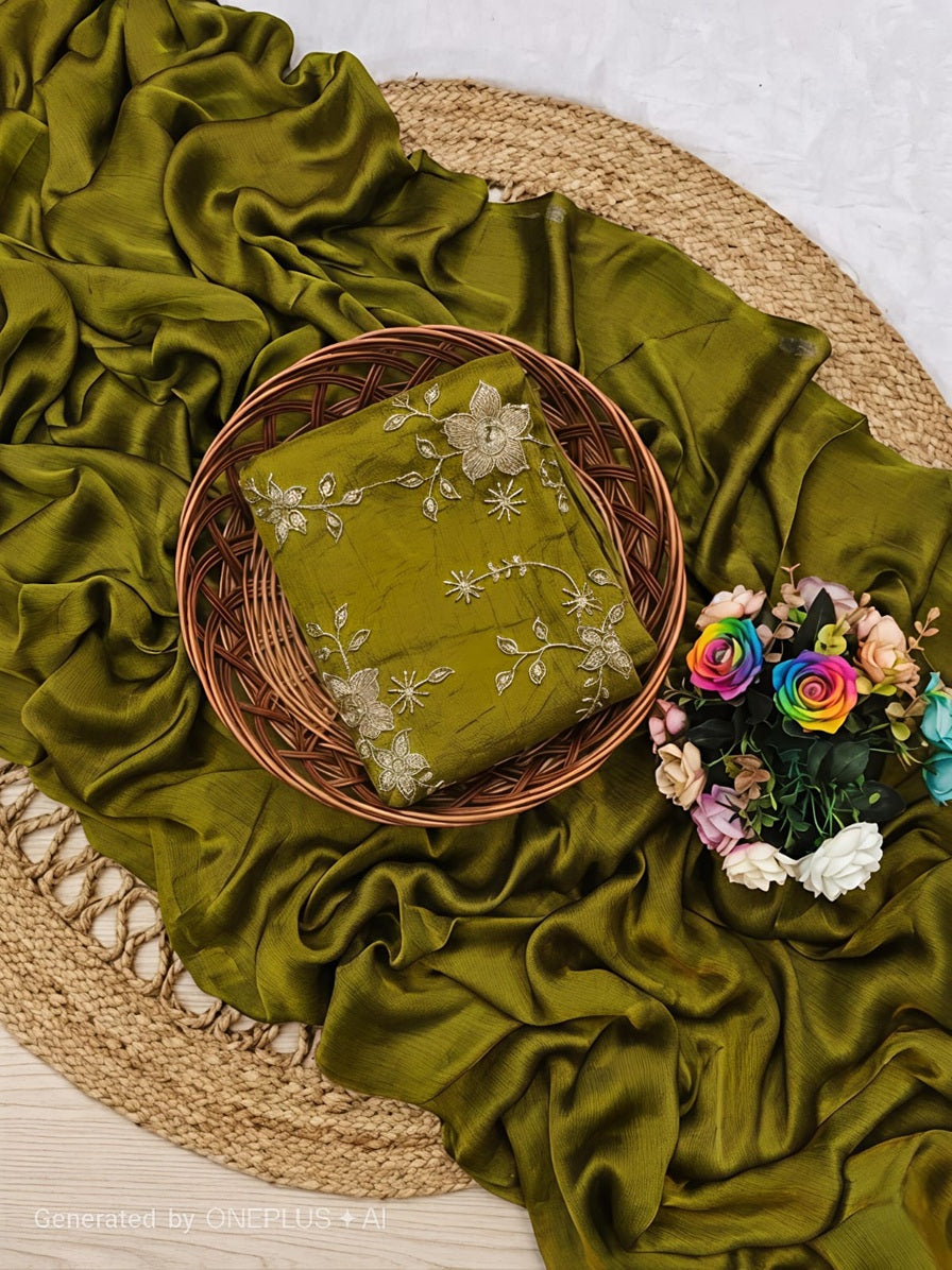 Elegant Olive Green Crush Mango Space Silk Saree