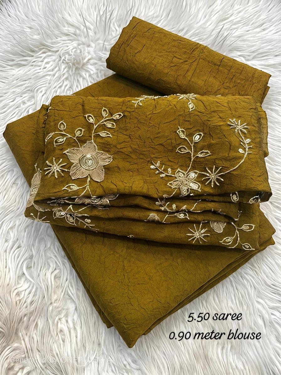 Elegant Olive Green Crush Mango Space Silk Saree