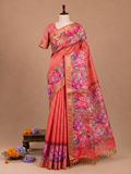 Elegant Coral Red Rankavati Semi Tussar Silkworm Saree