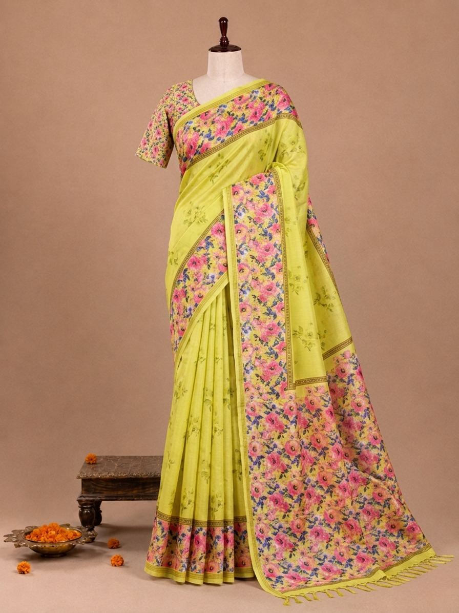 Elegant Lime Yellow Kotpad Print Semi Tussar Silkworm Saree
