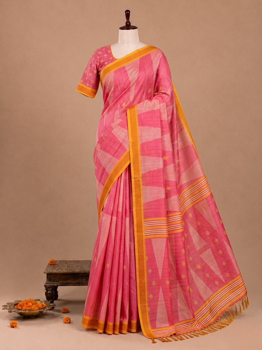 Elegant Hot Pink Venezuela Print Semi Tussar Silkworm Saree