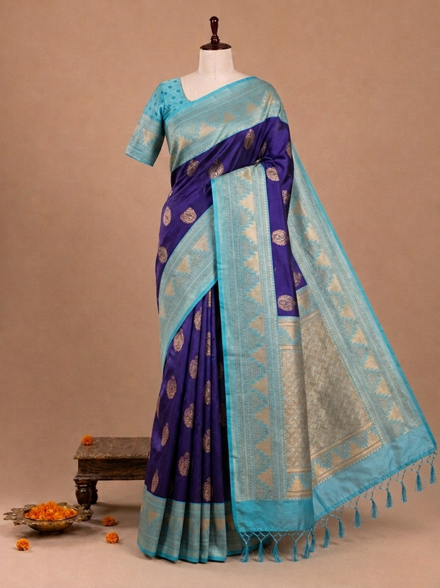 Elegant Royal Navy Blue Yugpath Semi Tussar Silkworm Saree