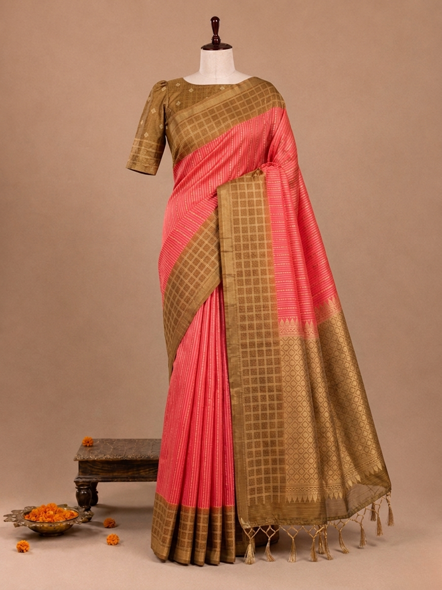 Elegant Coral Pink Vaira Oosi Prints Semi Tussar Silkworm Saree