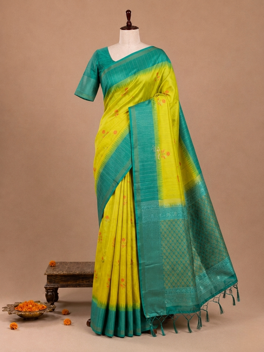 Elegant Lime Yellow & Teal Samyakk Prints Semi Tussar Silkworm Saree