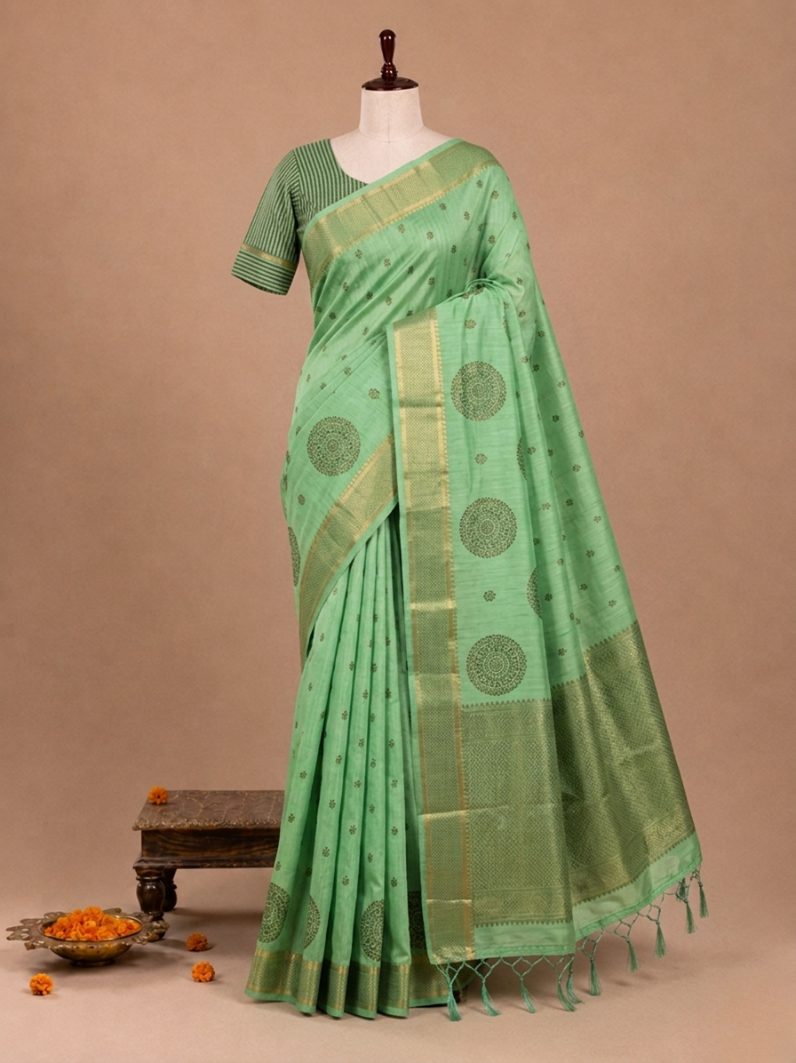 Elegant Mint Green Tatkalin Prints Semi Tussar Silkworm Saree