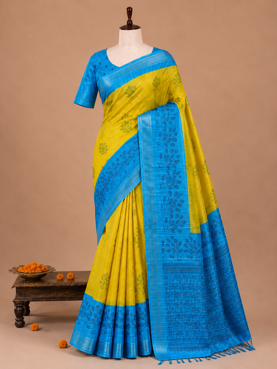 Elegant Olive Yellow & Sky Blue Chennuri Semi Tussar Silkworm Saree