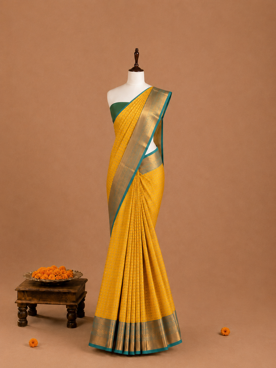 Luxury 1000 Butta Mustard Yellow Soft Silk Saree