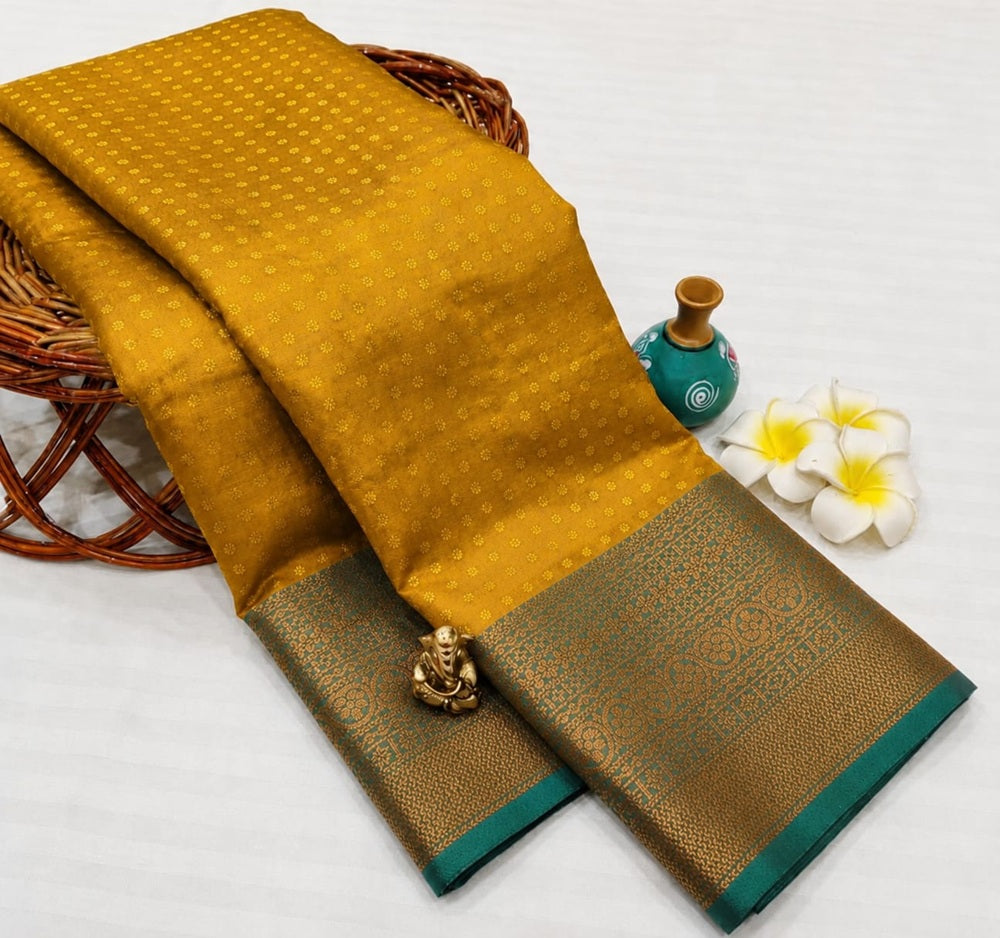 Luxury 1000 Butta Mustard Yellow Soft Silk Saree