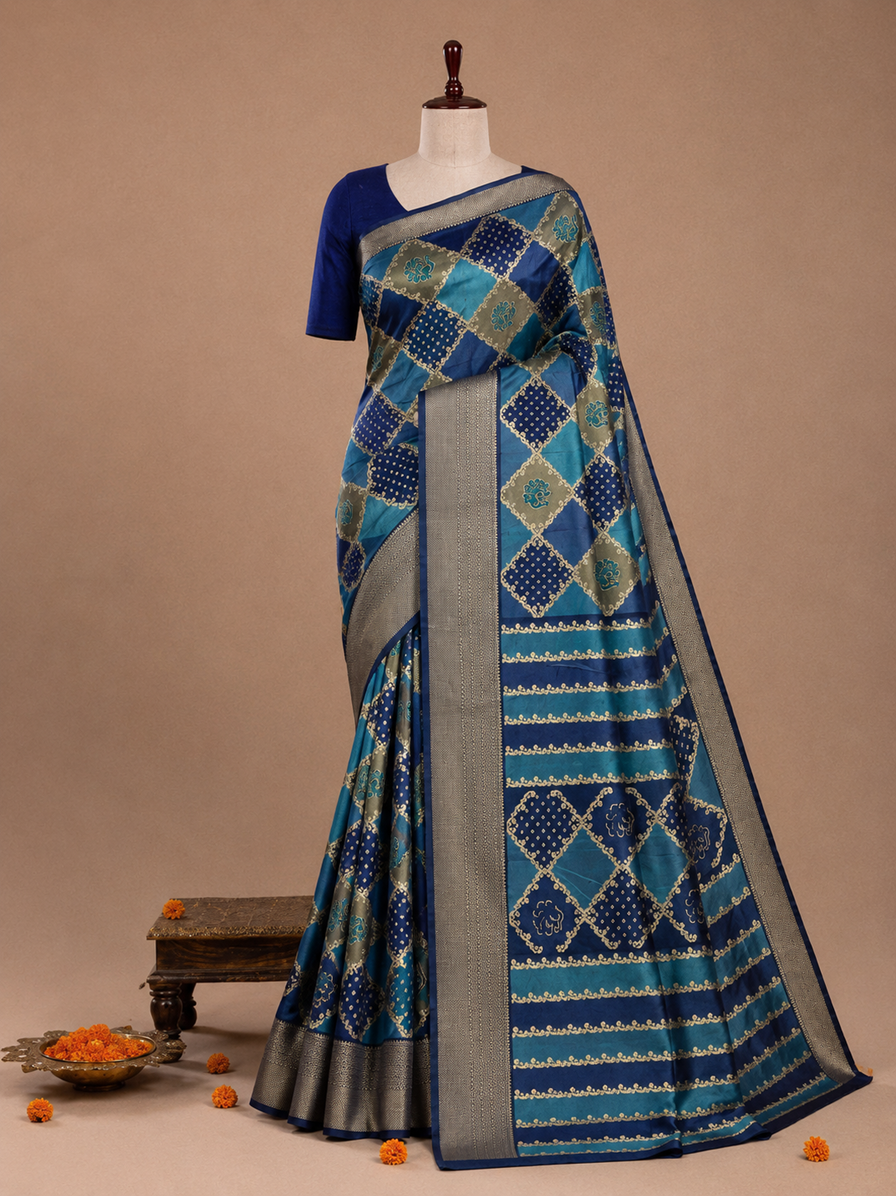 Premium Teal Blue and Navy Diamond Jacquard Fancy Georgette Saree