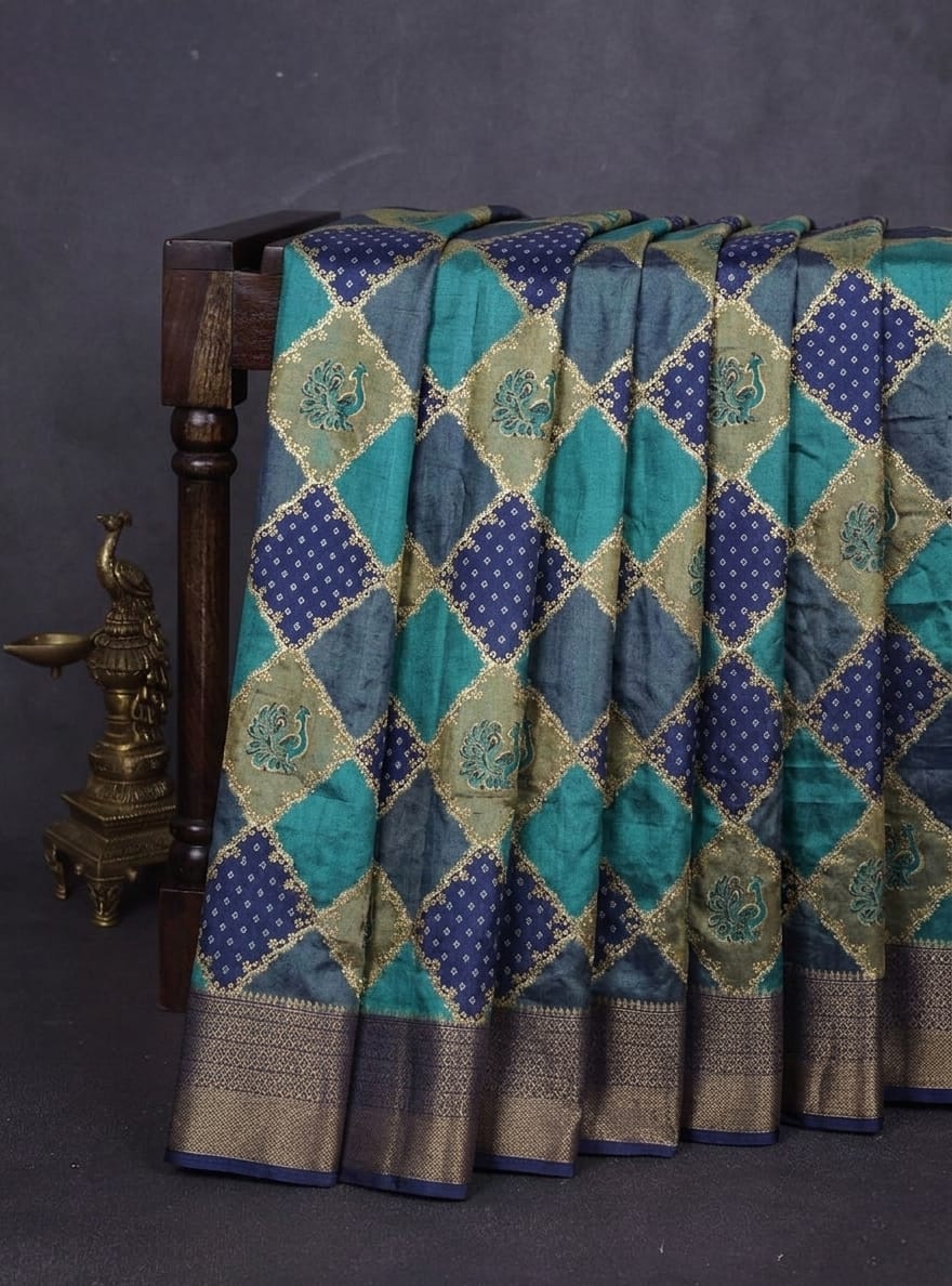 Premium Teal Blue and Navy Diamond Jacquard Fancy Georgette Saree