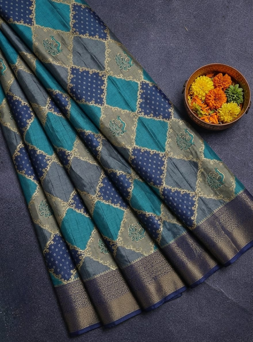 Premium Teal Blue and Navy Diamond Jacquard Fancy Georgette Saree