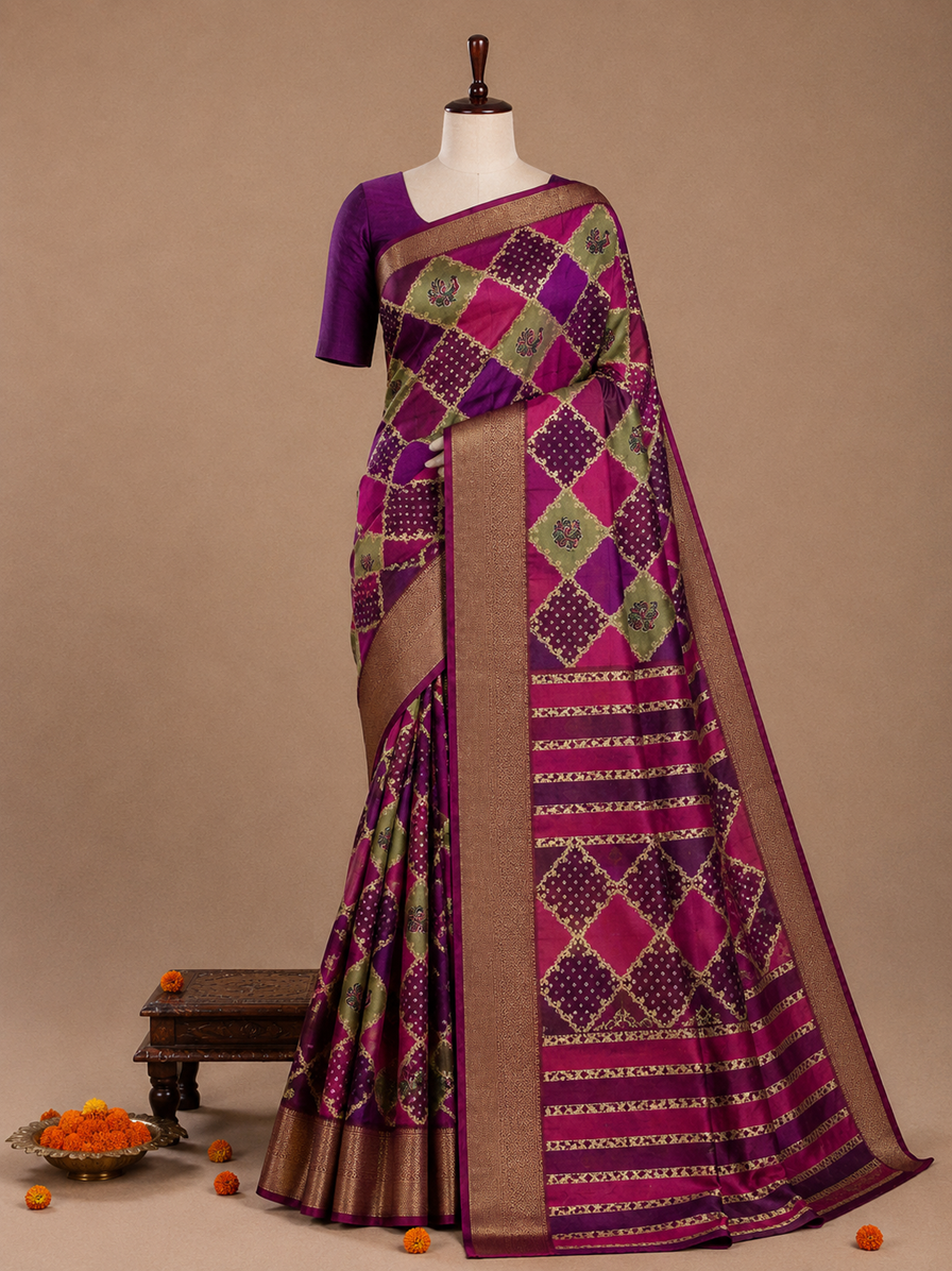 Premium Pink and Purple Diamond Jacquard Fancy Georgette Saree