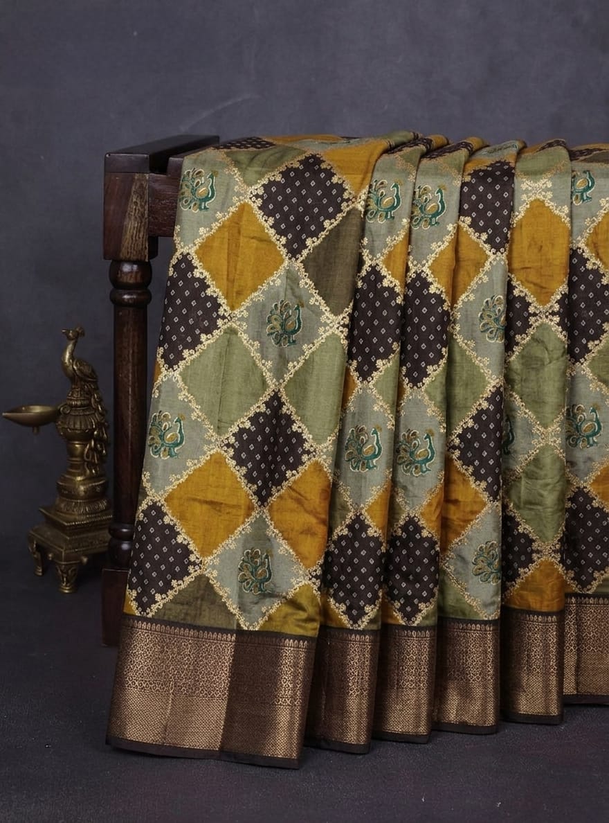 Premium Mustard and Green Diamond Jacquard Fancy Georgette Saree