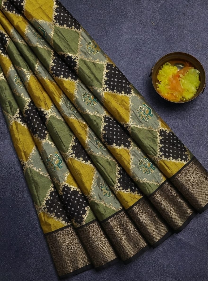Premium Mustard and Green Diamond Jacquard Fancy Georgette Saree