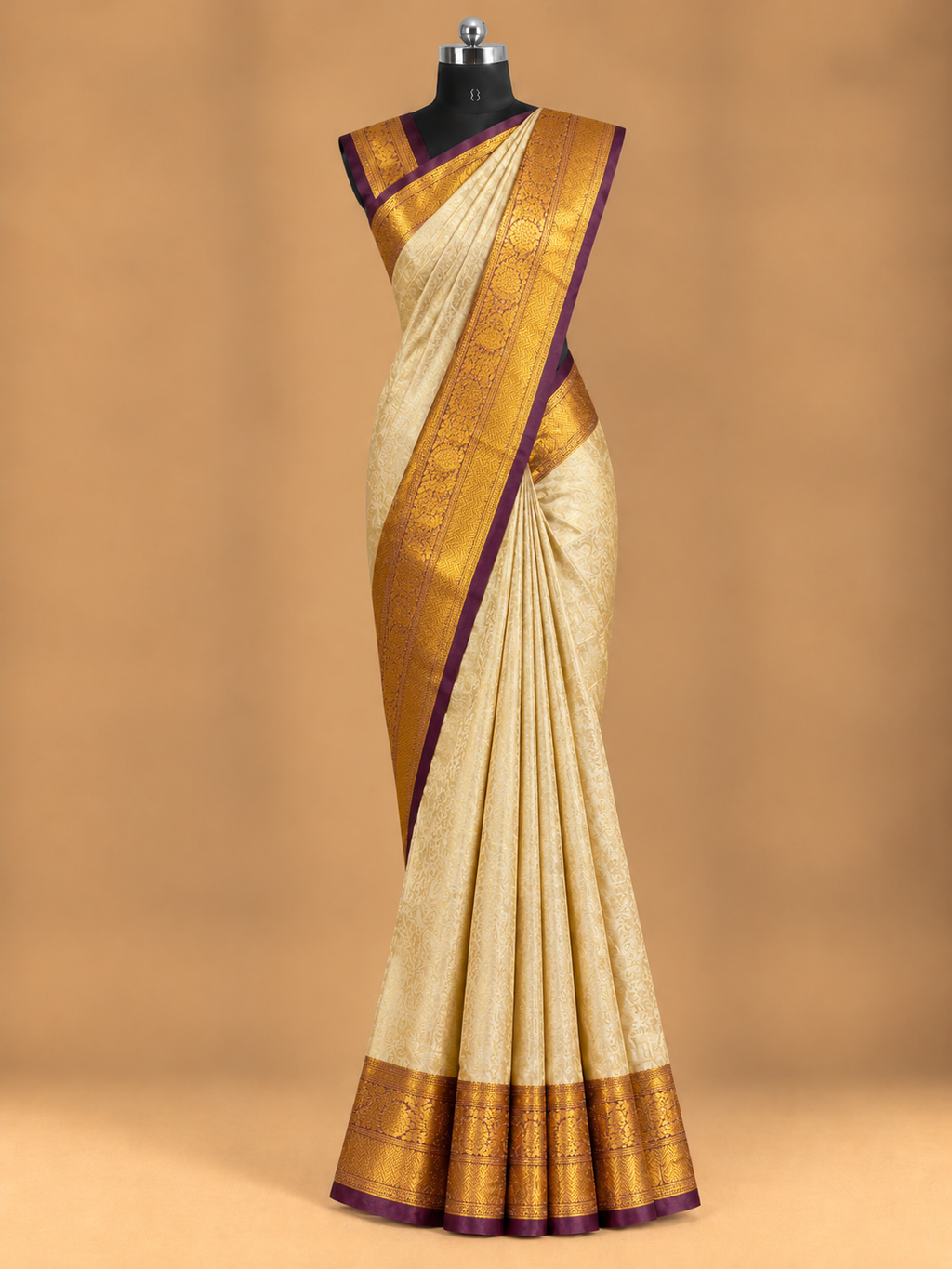Trending Cream All-Over Jacquard Pattern Banarasi Tissue Saree - TS036