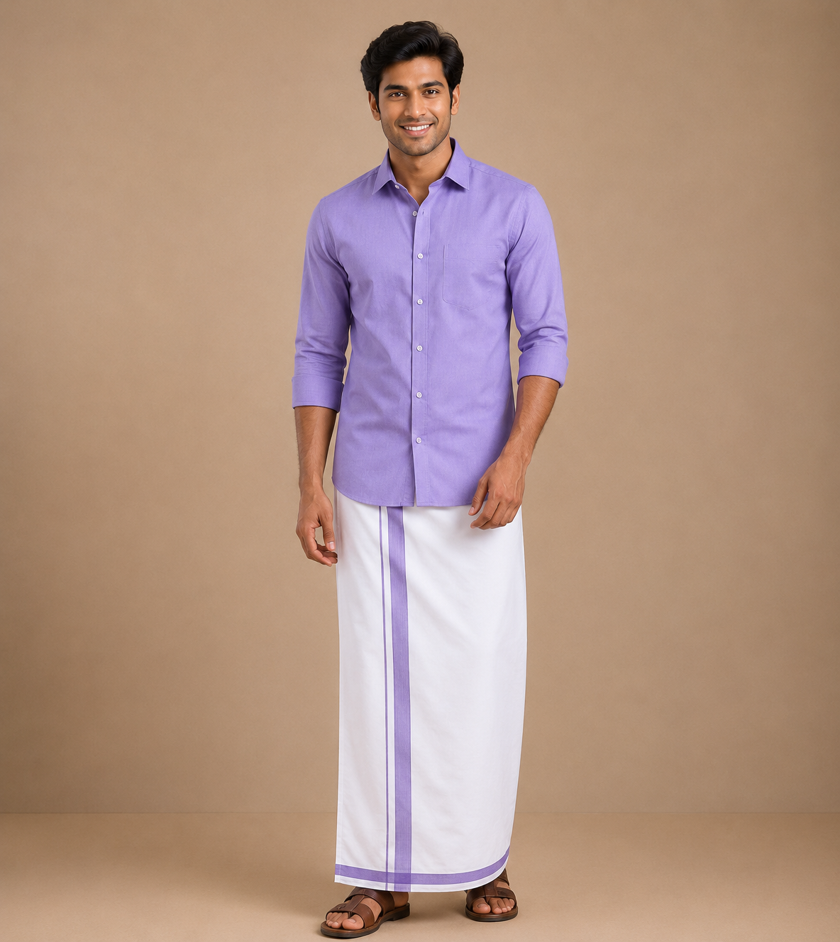 Men's Lavender Cotton Dhoti with Matching Colour Shirt Set - MMS028