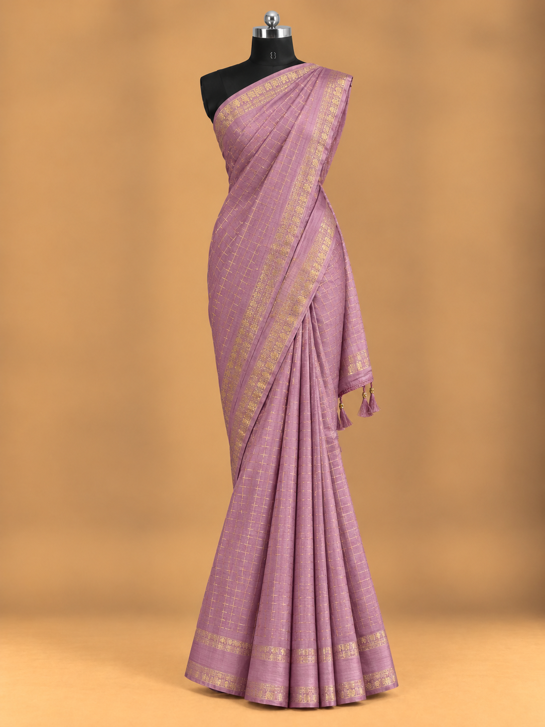 Festliches Designer-Sari aus Viskose mit Satinborte und feinem Karomuster