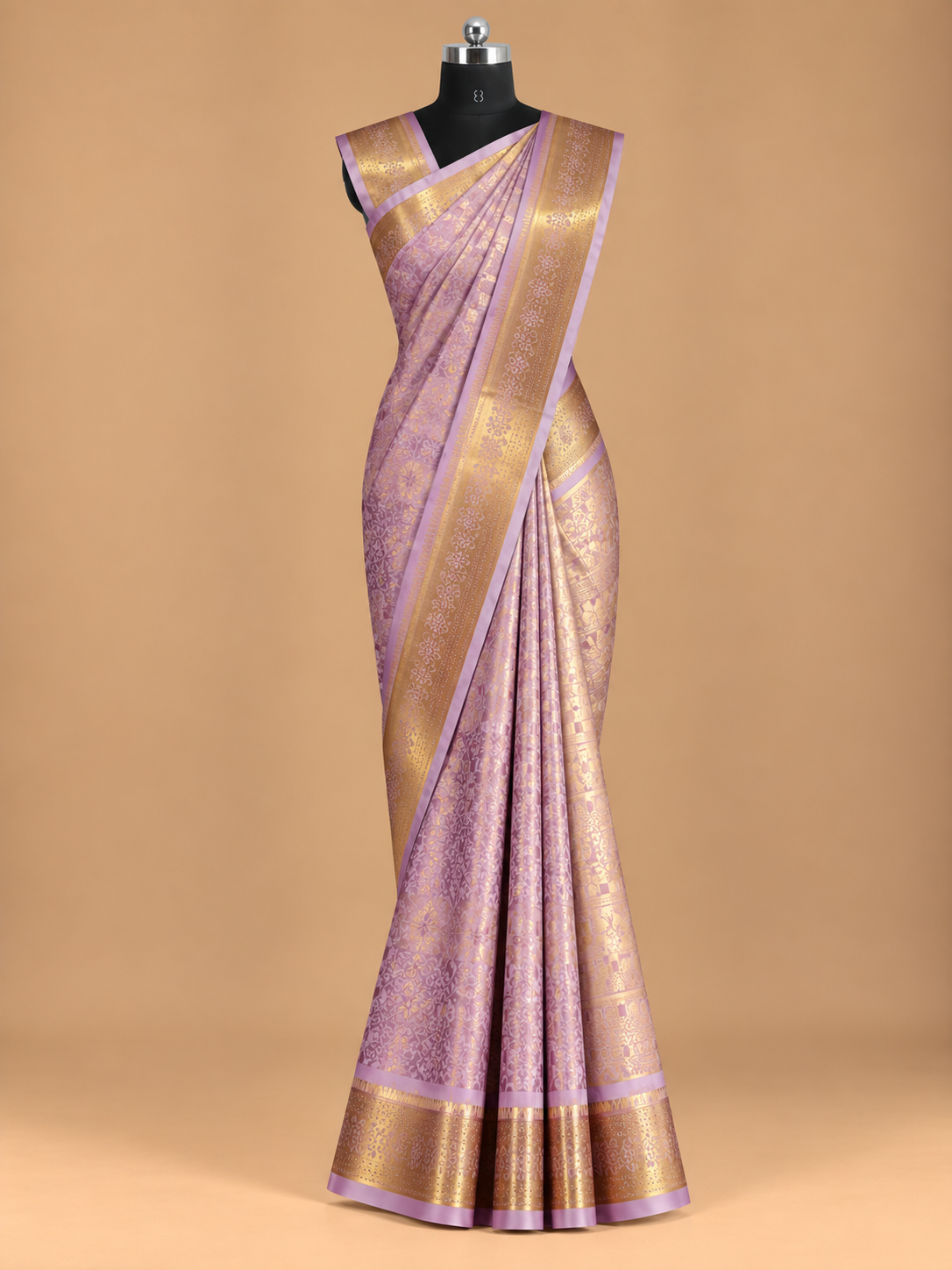Von Prominenten inspiriertes fliederfarbenes Semi-Seiden-Saree mit Aari-Arbeit-Bluse - Celebrity065