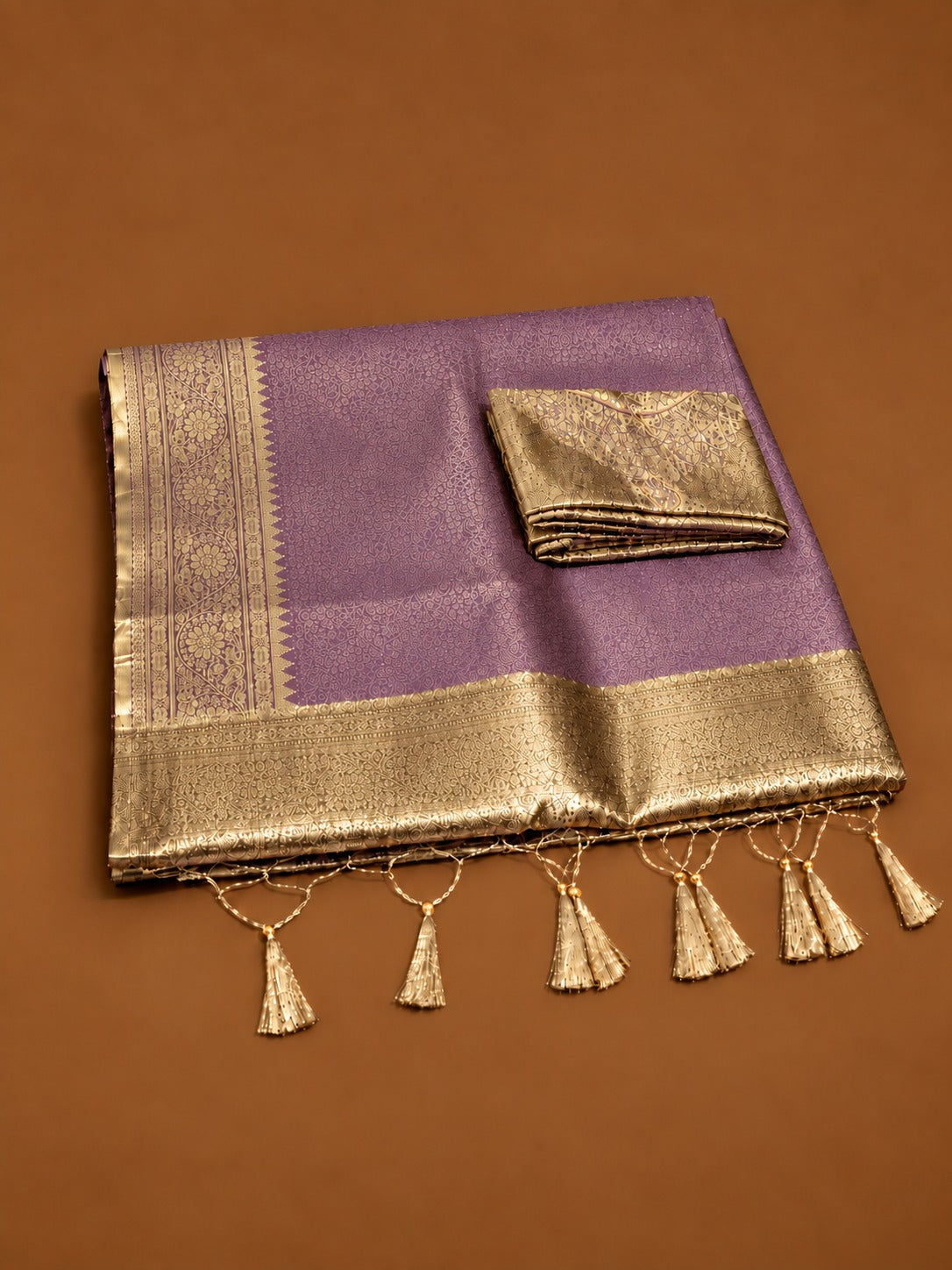 Premium Lavender Soft Tissue Silk Saree with Antique Gold Zari Floral Border - TS046