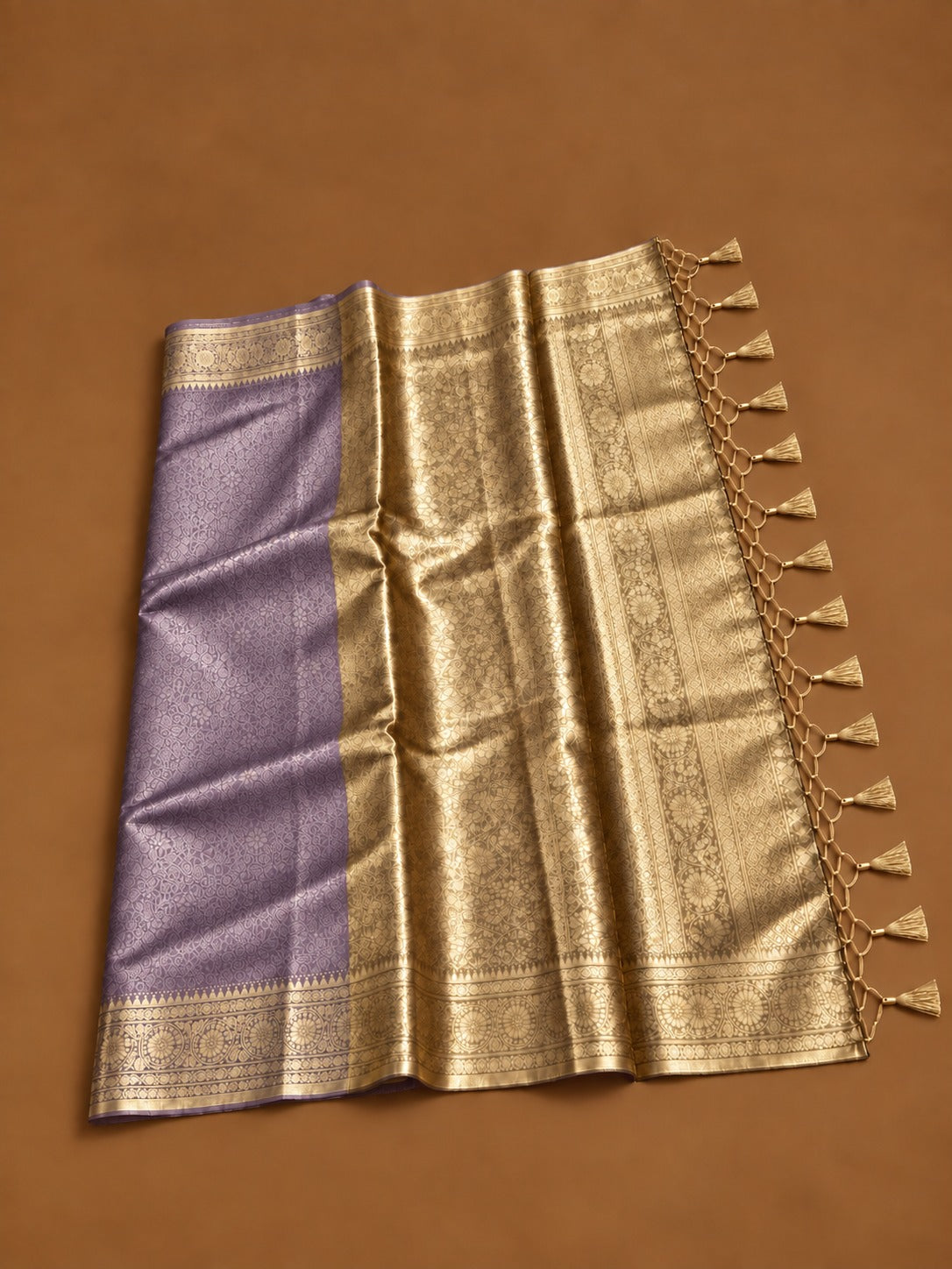 Premium Lavender Soft Tissue Silk Saree with Antique Gold Zari Floral Border - TS046