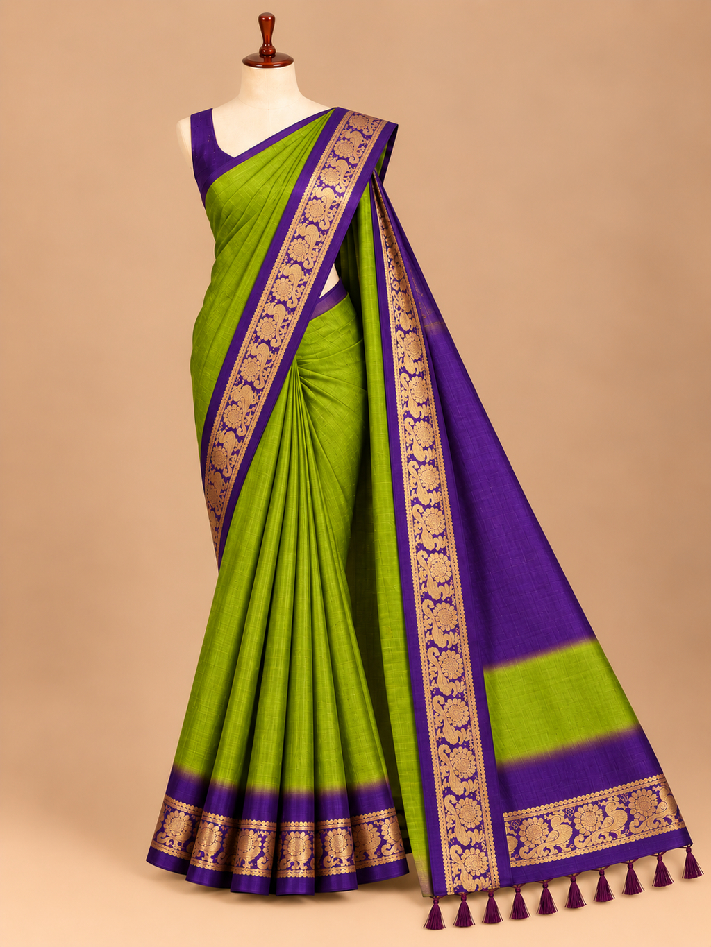 Premium Olive Green & Violet Small Fancy Mysore Crape Saree - GMS068