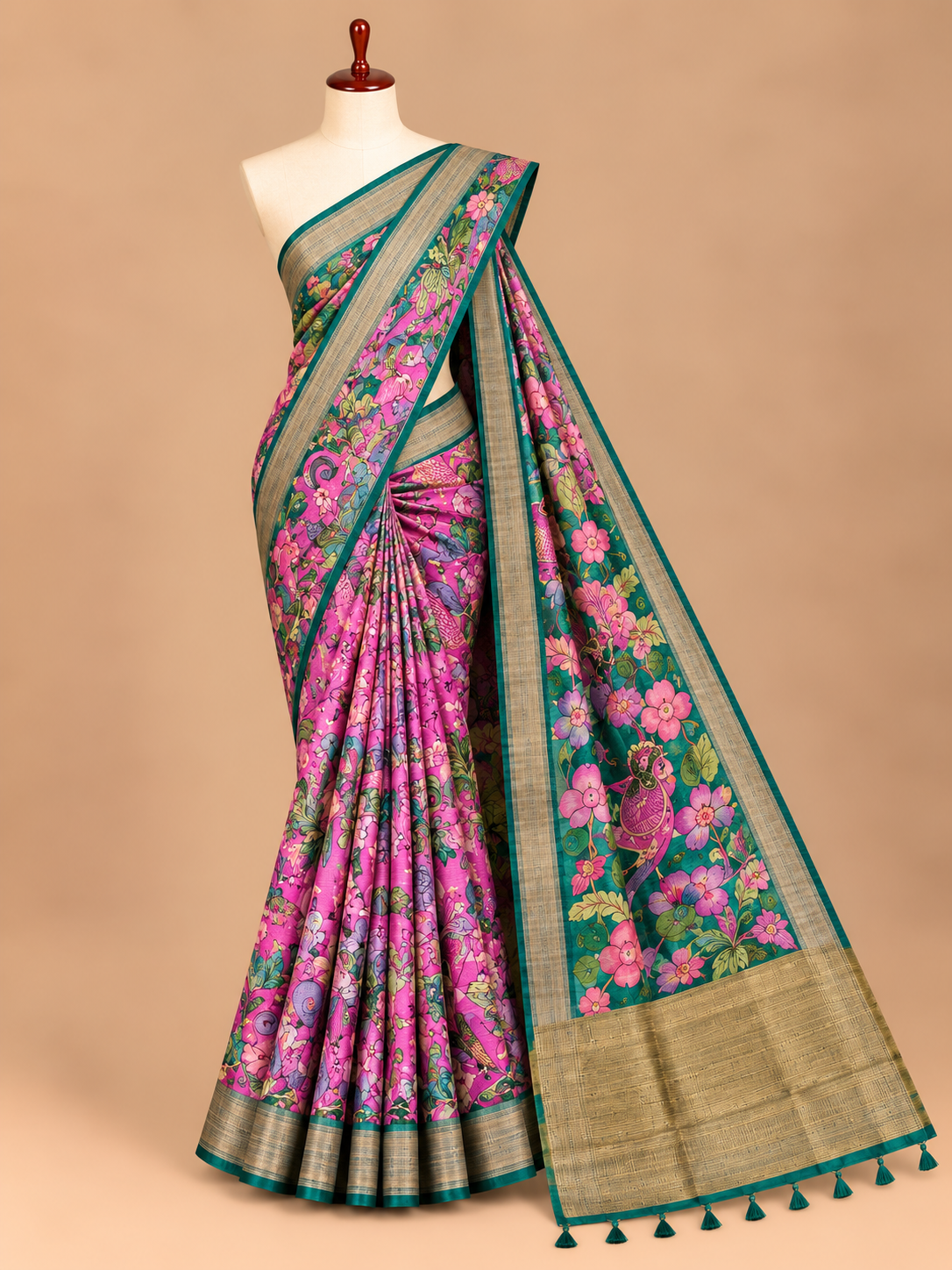 Elegantes halb-tussar-seidenes Sari mit Kalamkari-Druck in Pink & Blaugrün und Spiegelapplikationen - SG063