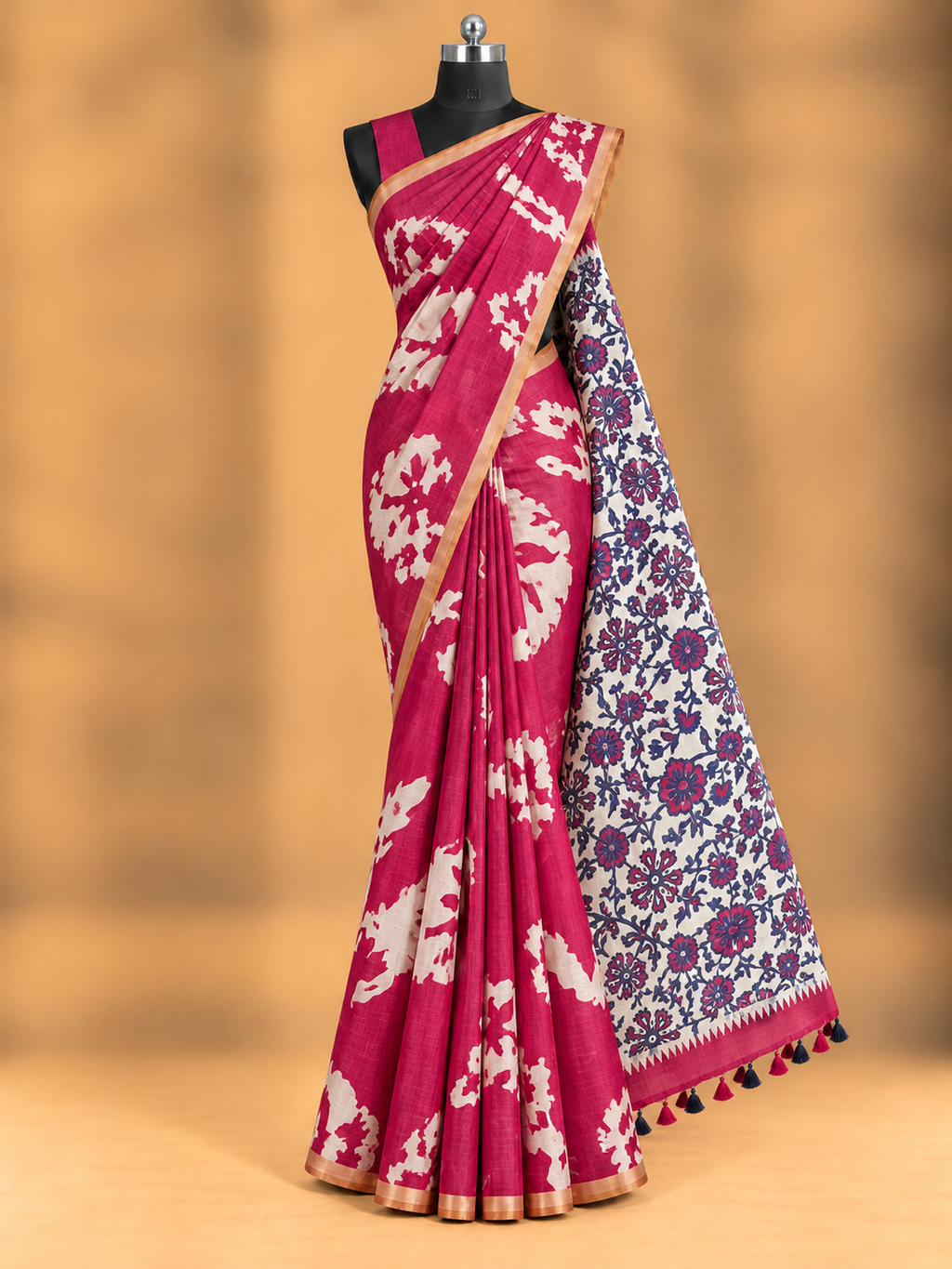 Premium linen metallic cotton saree featuring an intricate geometric medallion pattern.