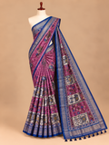 Elegant Pink & Royal Blue Kalamkari Print with Mirror Semi Tussar Silkworm Saree - SG063
