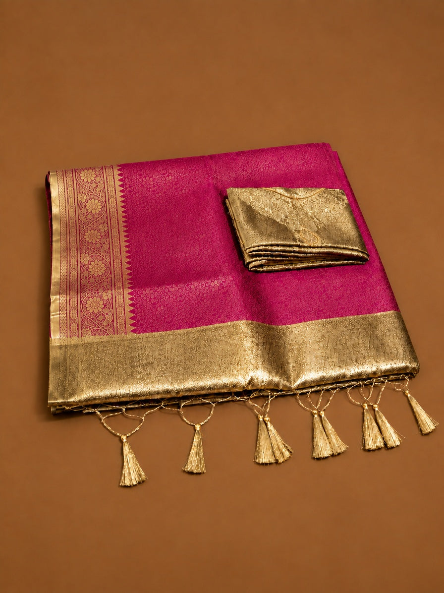 Premium Magenta Soft Tissue Silk Saree with Antique Gold Zari Floral Border - TS046