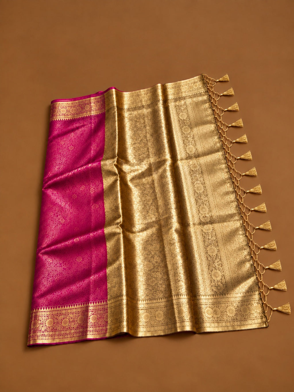 Premium Magenta Soft Tissue Silk Saree with Antique Gold Zari Floral Border - TS046