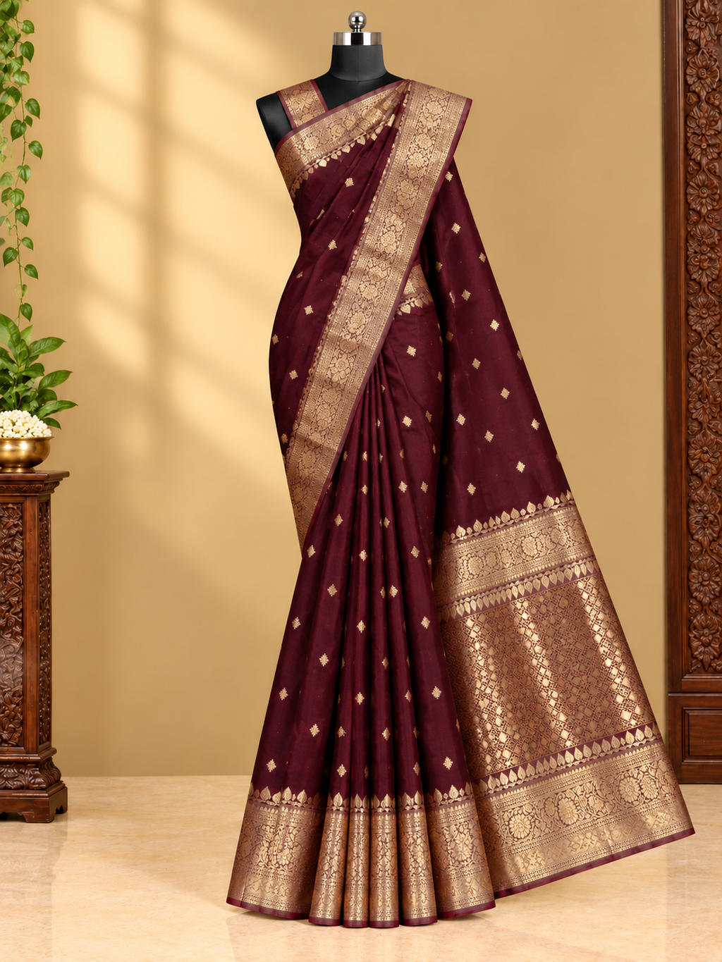 Pure Banaras soft tissue saree in a stunning deep Coffe brown with cherry undertones