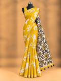 Premium linen metallic cotton saree featuring an intricate geometric medallion pattern.