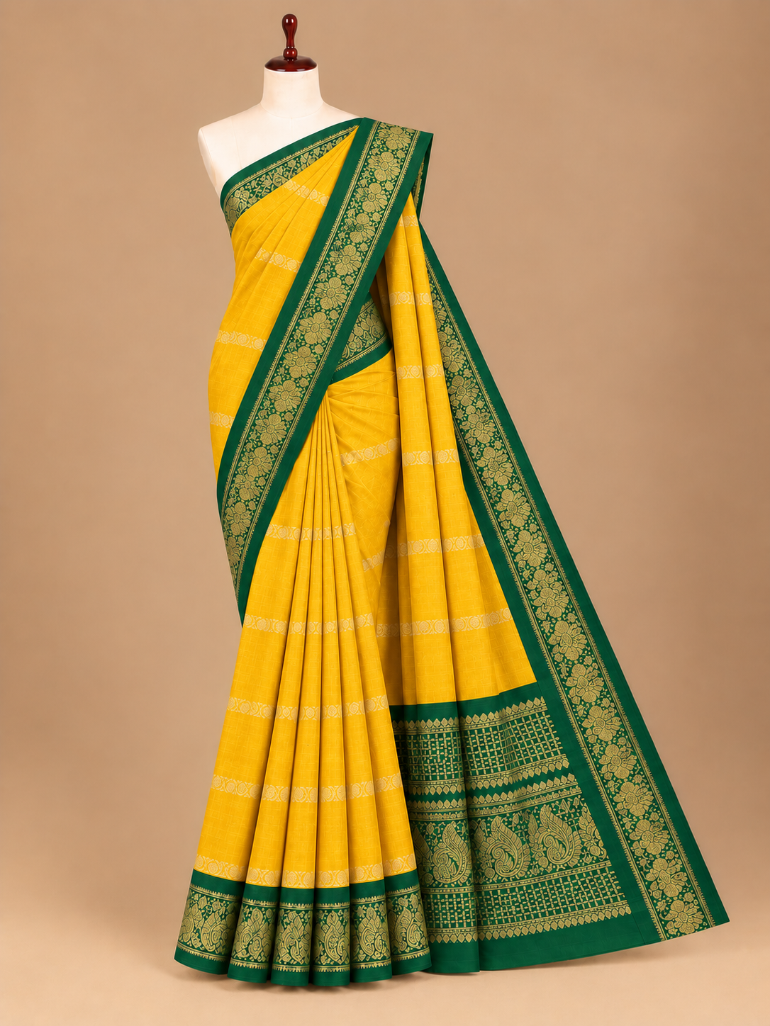 Elegantes senfgelbes Streifen-Saree aus Sungudi-Baumwolle mit Velthari-Muster - SC065