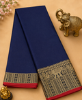 Elegant Navy Blue Narayanpet Plain Silk Cotton Saree with Big Woven Zari Border