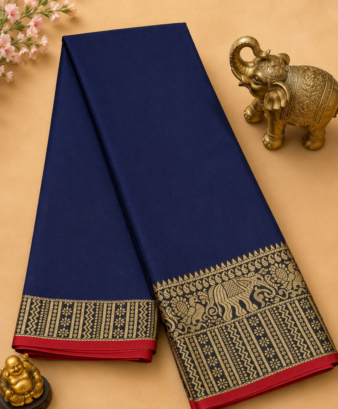 Elegant Navy Blue Narayanpet Plain Silk Cotton Saree with Big Woven Zari Border