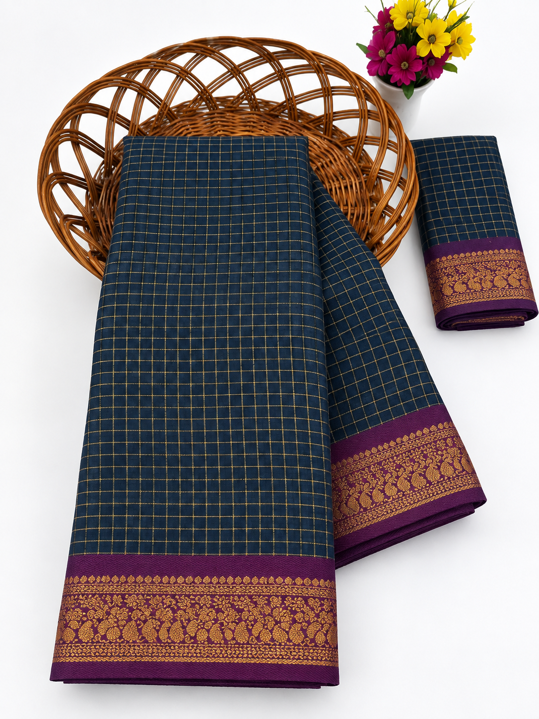 Elegant Navy Blue Mangalagiri Checks Cotton Saree with Zari Border - MG043