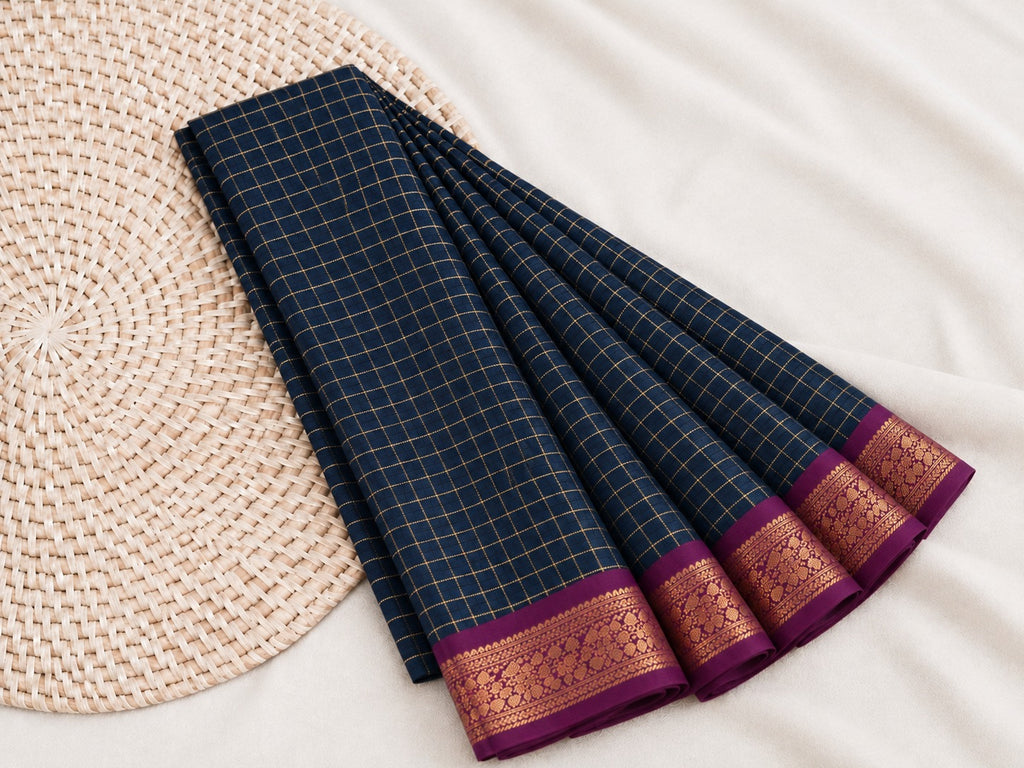 Elegant Navy Blue Mangalagiri Checks Cotton Saree with Zari Border - MG043