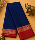 Elegant Navy Blue Narayanpet Plain Silk Cotton Saree with Small Woven Zari Border